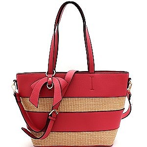 Straw Woven Bow Accent Stripe Tote