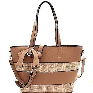 Straw Woven Bow Accent Stripe Tote