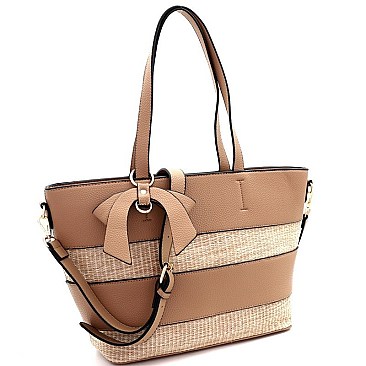 Straw Woven Bow Accent Stripe Tote