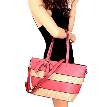 Straw Woven Bow Accent Stripe Tote