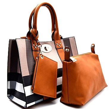 BL010-LP Plaid Print 2 in 1 Turn-lock Tote