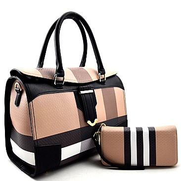Plaid Print Flap Boston Satchel SET WITH WALLET