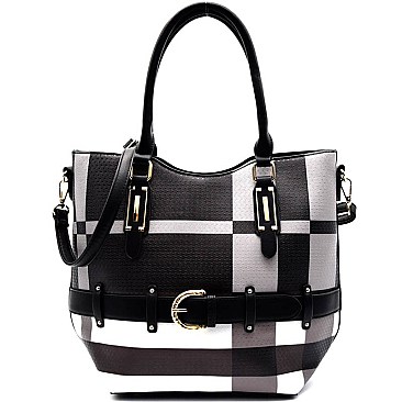 BL1003-LP Plaid Print Belt Accent Tote