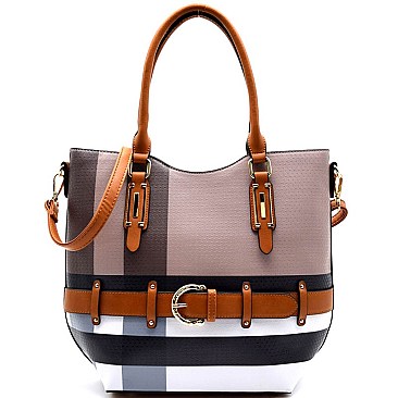 BL1003-LP Plaid Print Belt Accent Tote