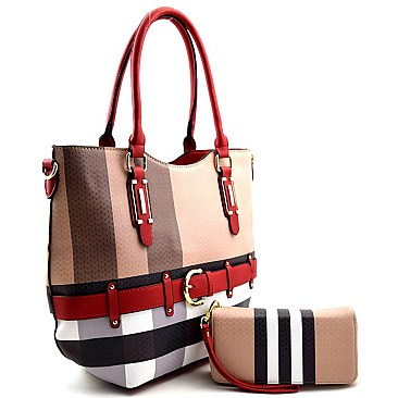 Plaid Print Belt Accent Tote SET Brown With Wallet