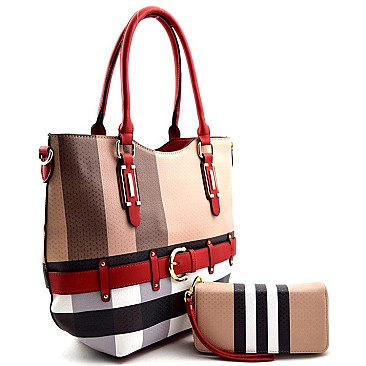Plaid Print Belt Accent Tote SET Brown With Wallet