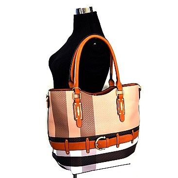 Plaid Print Belt Accent Tote SET Brown With Wallet