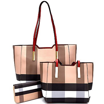 [S]BL1018-LP Plaid Print 3 in 1 Tote SET