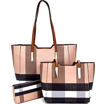 [S]BL1018-LP Plaid Print 3 in 1 Tote SET