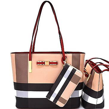 [S]BL1019-LP Bow Accent 3 in 1 Plaid Print Tote SET