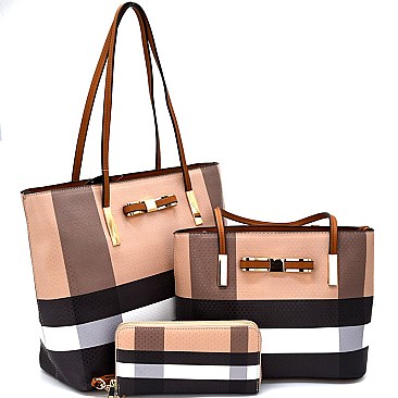 [S]BL1019-LP Bow Accent 3 in 1 Plaid Print Tote SET