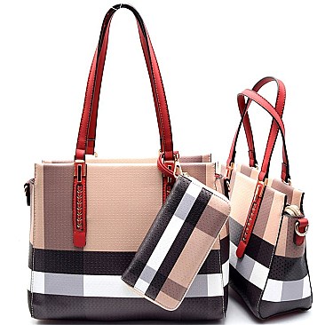 [S]BL1021-LP Checker Plaid Print 3 in 1 Twin Tote Wallet SET