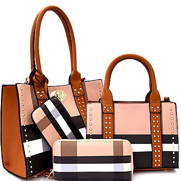 [S]BL1028T-LP Plaid  Studded 4 in 1 Twin Tote SET