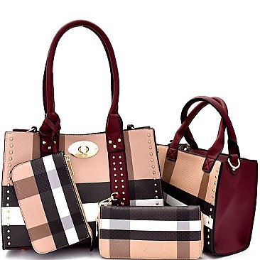 [S]BL1028T-LP Plaid  Studded 4 in 1 Twin Tote SET