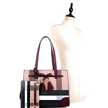 Bow Accent Plaid Print 2-pcs Satchel & Wallet Value SET