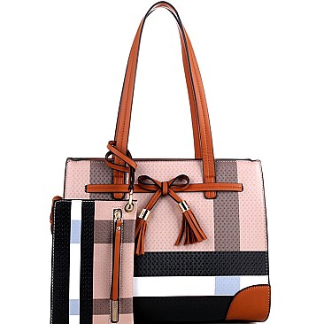 Bow Accent Plaid Print 2-pcs Satchel & Wallet Value SET