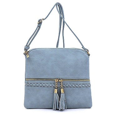 Weaved Whipstitch Tassel Zipper Crossbody Bag