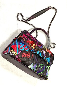 Large Graffiti Quilted Top-Handle Satchel Purse