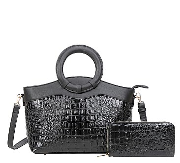 2 IN-1 Croc Round Top Handle Satchel Bag + Wallet