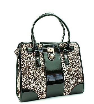 Leopard Padlock Accented Satchel Purse