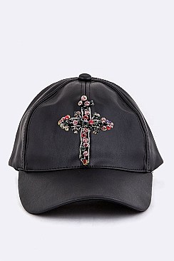 Crystal Cross Embellished Patch Faux Leather Cap LA-EMH0928C