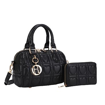 2-in-1 Quilted Heart Design Boston Satchel With Wallet