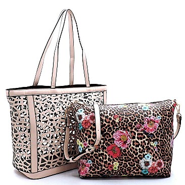 Laser Cut See Thru Shopper & Leopard Flower Crossbody 2-in-1 Set