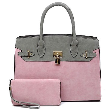 2-in-1 Colorblock Padlock Satchel Wallet Set