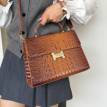 Quality " H " Metal Accent Crocodile Satchel