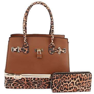 2-in-1 Leopard Compartment Padlock Boxy Satchel