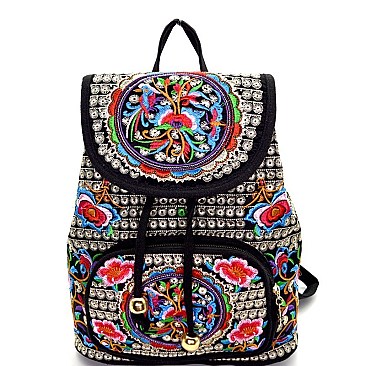 BP105-LP Bohemian Flower Embroidery Drawstring Backpack