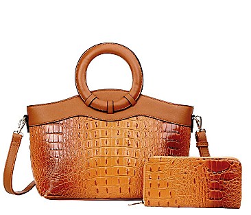 2 IN-1 Croc Round Top Handle Satchel Bag + Wallet