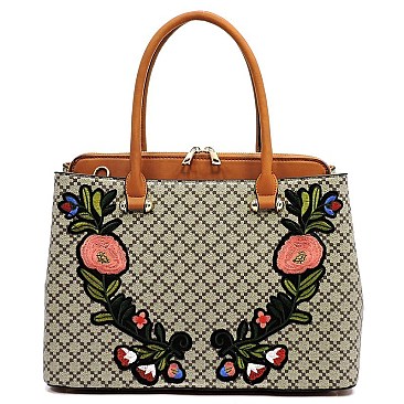 Diamond Check Embroidered Flower Satchel