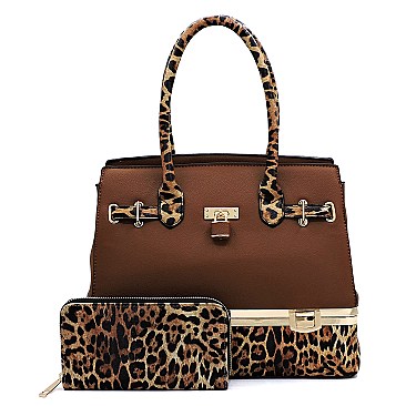 2-in-1 Leopard Compartment Padlock Boxy Satchel