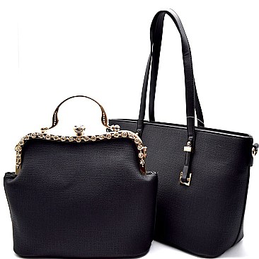 BS1245-LP Rhinestone Jewel-Top Frame Satchel Texture 2 in 1 Tote