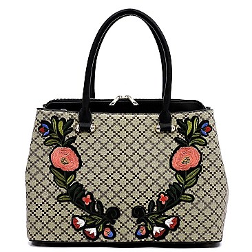 Diamond Check Embroidered Flower Satchel