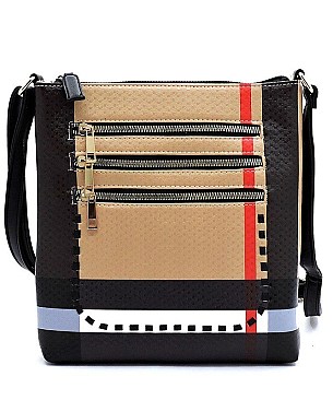 Multi Zip Pocket Plaid Check Whipstitch Cross Body Bag