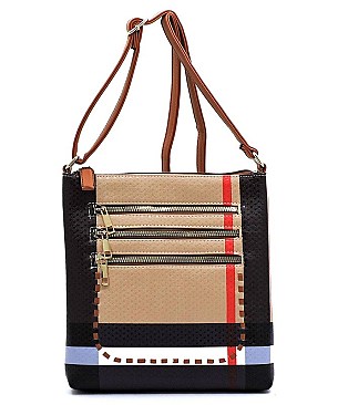 Multi Zip Pocket Plaid Check Whipstitch Cross Body Bag