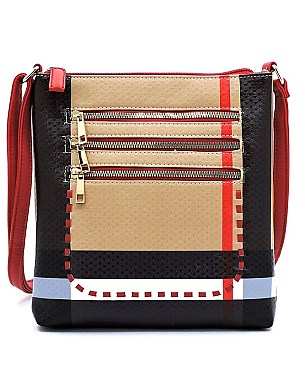 Multi Zip Pocket Plaid Check Whipstitch Cross Body Bag