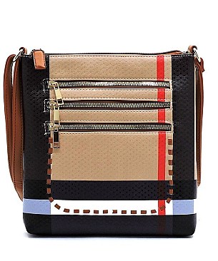 Multi Zip Pocket Plaid Check Whipstitch Cross Body Bag