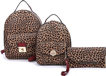 3 in 1 Leopard Push Lock Back Pack Clutch Set