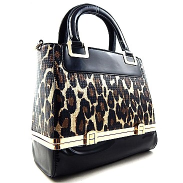 Leopard Print Patent With Bottom Box Compartment Satchel