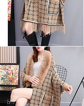 Winter Warm Checker Quality Shawl Cape With Fur