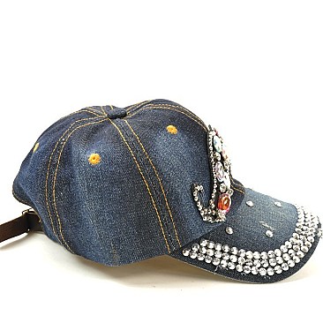 Rhinestone Mustache Vintage Denim Cap