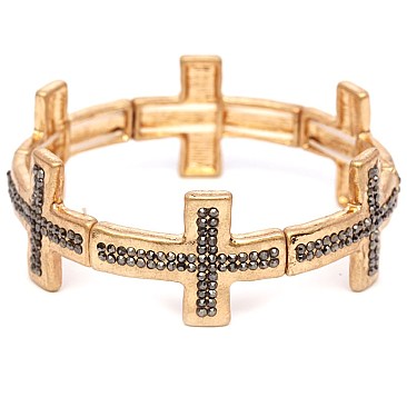 CB1644-LP Rhinestone Embellished Metal Cross Elastic Bracelet