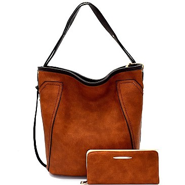 Two-Tone Textured Faux-Leather Hobo Wallet SET