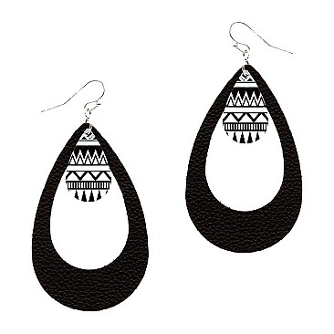 Open Cut Acrylic Tribal Print Charm Leather Teardrop Earring