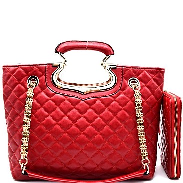 [S]CH3759-LP Handle Accent Quilted 2 Way Satchel Shoulder Bag SET