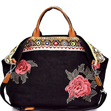 CJF024-LP Flower and Ethnic Embroidery Folded Corner Linen Tote