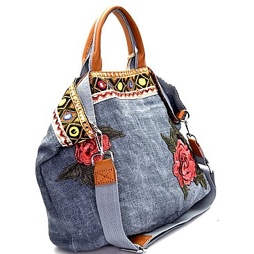 CJF024-LP Flower and Ethnic Embroidery Folded Corner Linen Tote